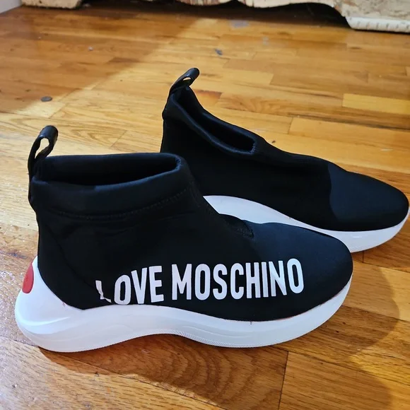 LOVE MOSCHINO hi top slip in neoprene/fabric sneakers worn once size 37 - Picture 3 of 4